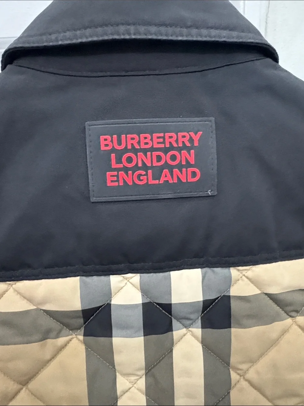 Burberry Tan Plaid Quilted Puffer Jacket with Black Collar